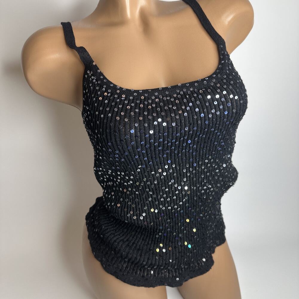 Y2K Dimension Black Sequin Cami Top Slinky Ribbed Knit Festival Clubwear S